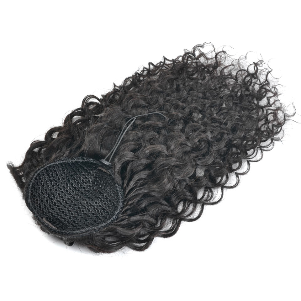 10  - 30 Inch Curly Human Hair Ponytail Drawstring Ponytail Extensions #1B Natural Black