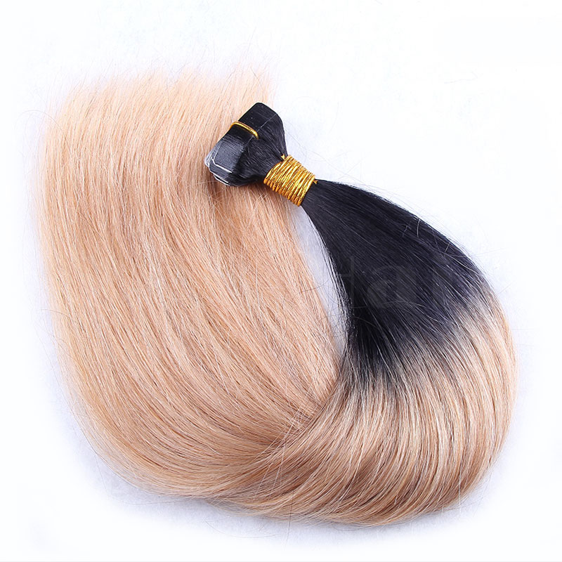 10 - 30 Inch Ombre Tape In Remy Human Hair Extensions Two Tone #1B/#27 Straight 20 Pcs