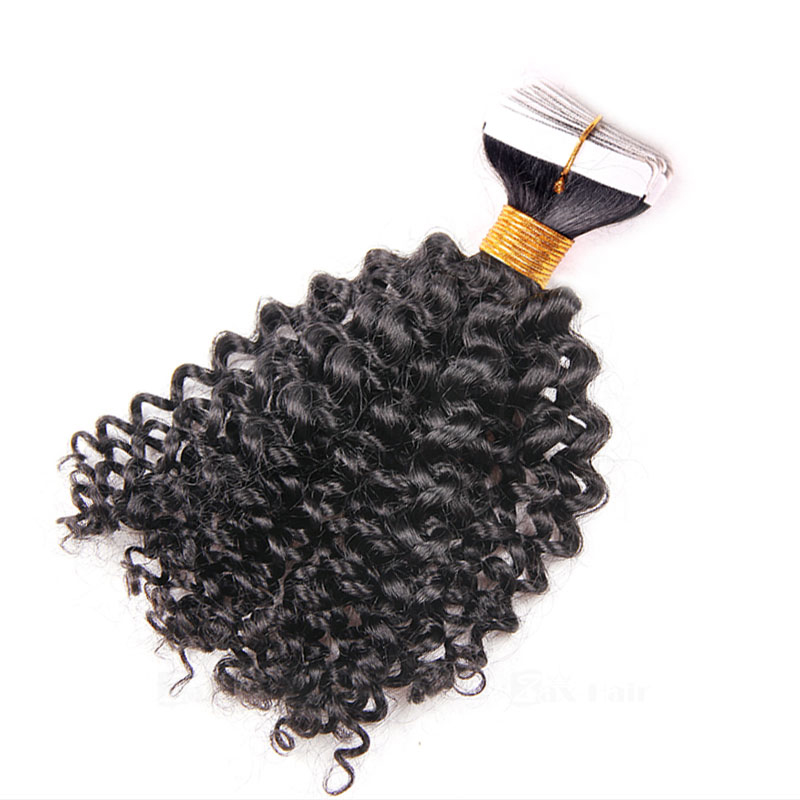 10 - 30 Inch Tape In Remy Human Hair Extensions  #1B Natural Black Afro Curl 20 Pcs 1