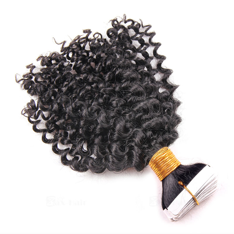 10 - 30 Inch Tape In Remy Human Hair Extensions  #1B Natural Black Afro Curl 20 Pcs 2