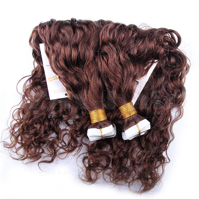 10 - 30 Inch Tape In Remy Human Hair Extensions #4 Medium Brown Loose Wavy 20 Pcs
