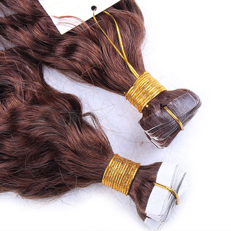 10 - 30 Inch Tape In Remy Human Hair Extensions #4 Medium Brown Loose Wavy 20 Pcs 1