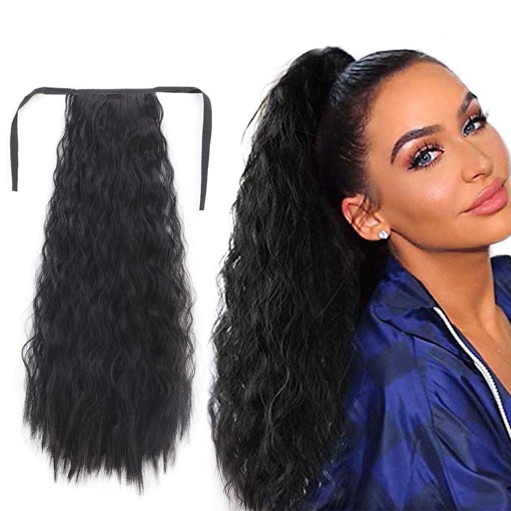 14 - 32 Inch Curly Human Hair Ponytail Lace/Ribbon Ponytail Extensions #1B  Natural Black