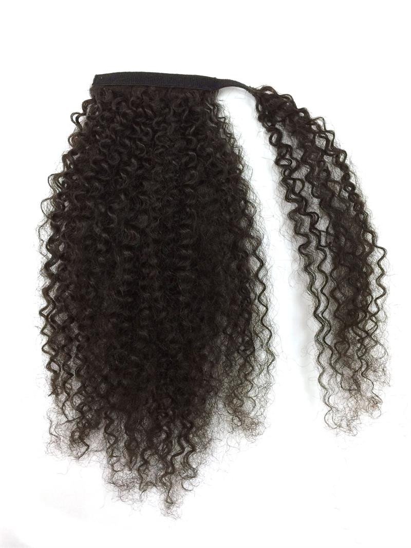 10-32 Inch Wrap Around 100% Human Hair Ponytail in Kinky Curly #1B