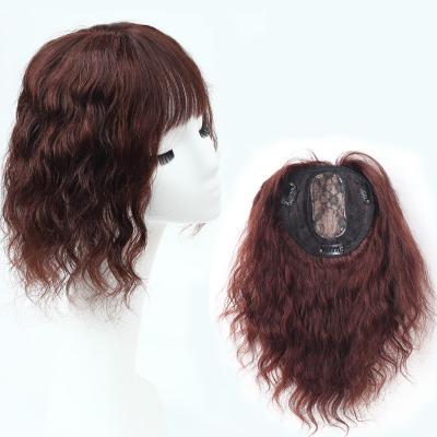 14" Water Wave Hair Toppers with Bangs Human Hair Extension Clip in Top Crown Hairpieces