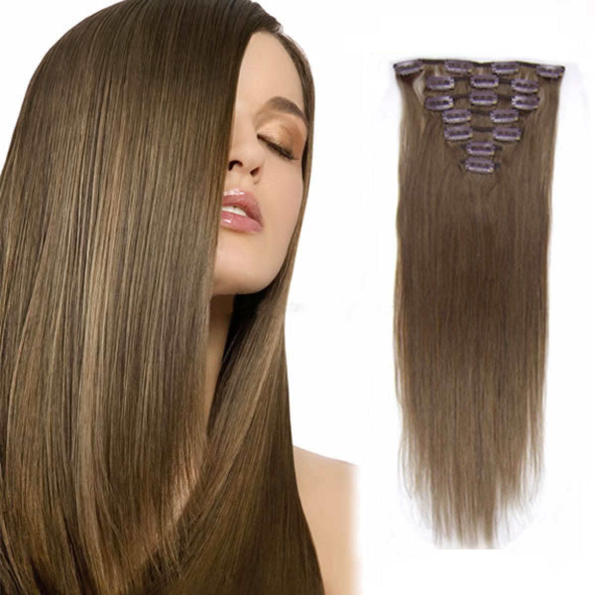 18 Inch #8 Ash Brown Clip In Remy Human 