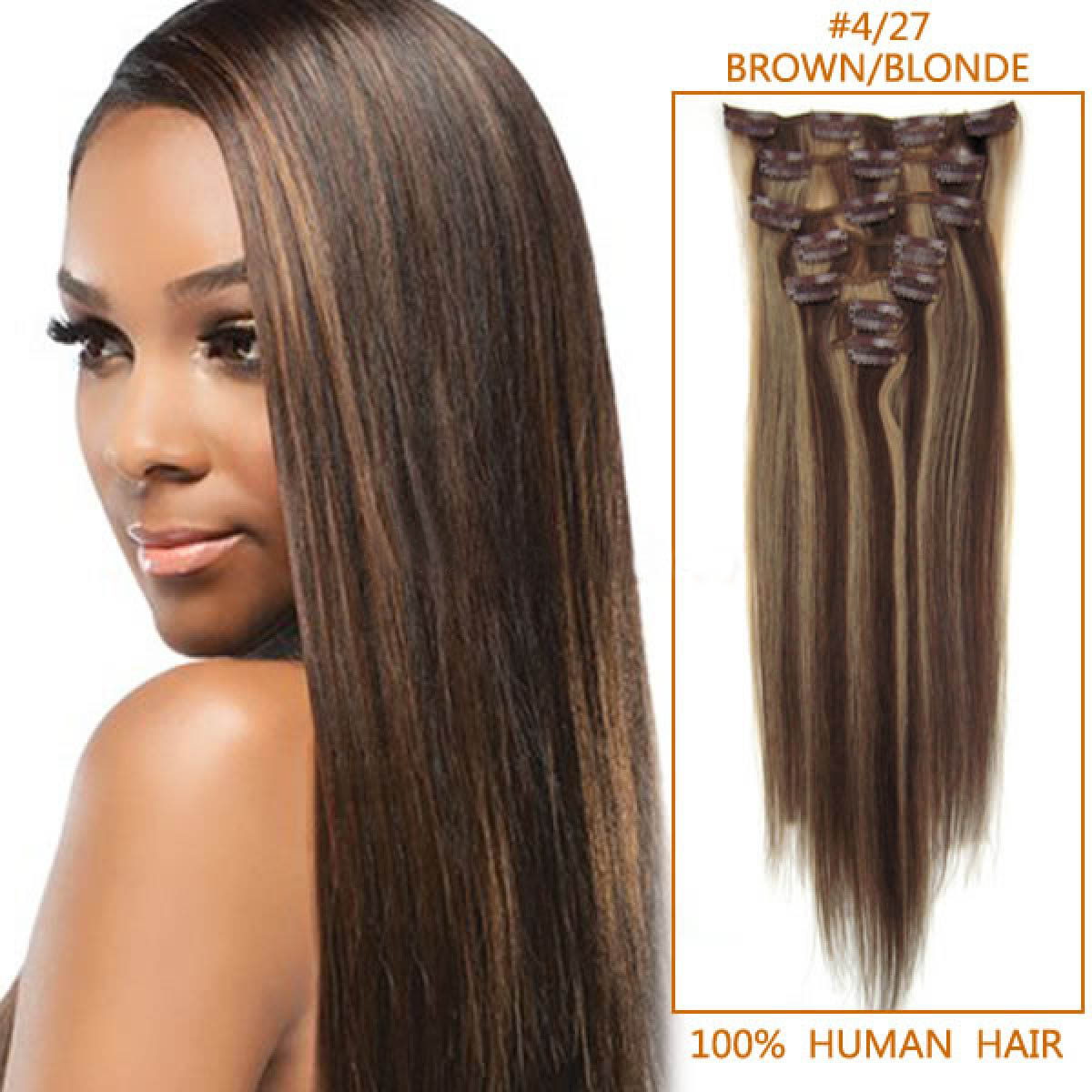 20 Inch #4/27 Brown/Blonde Clip In Human Hair Extensions 8pcs