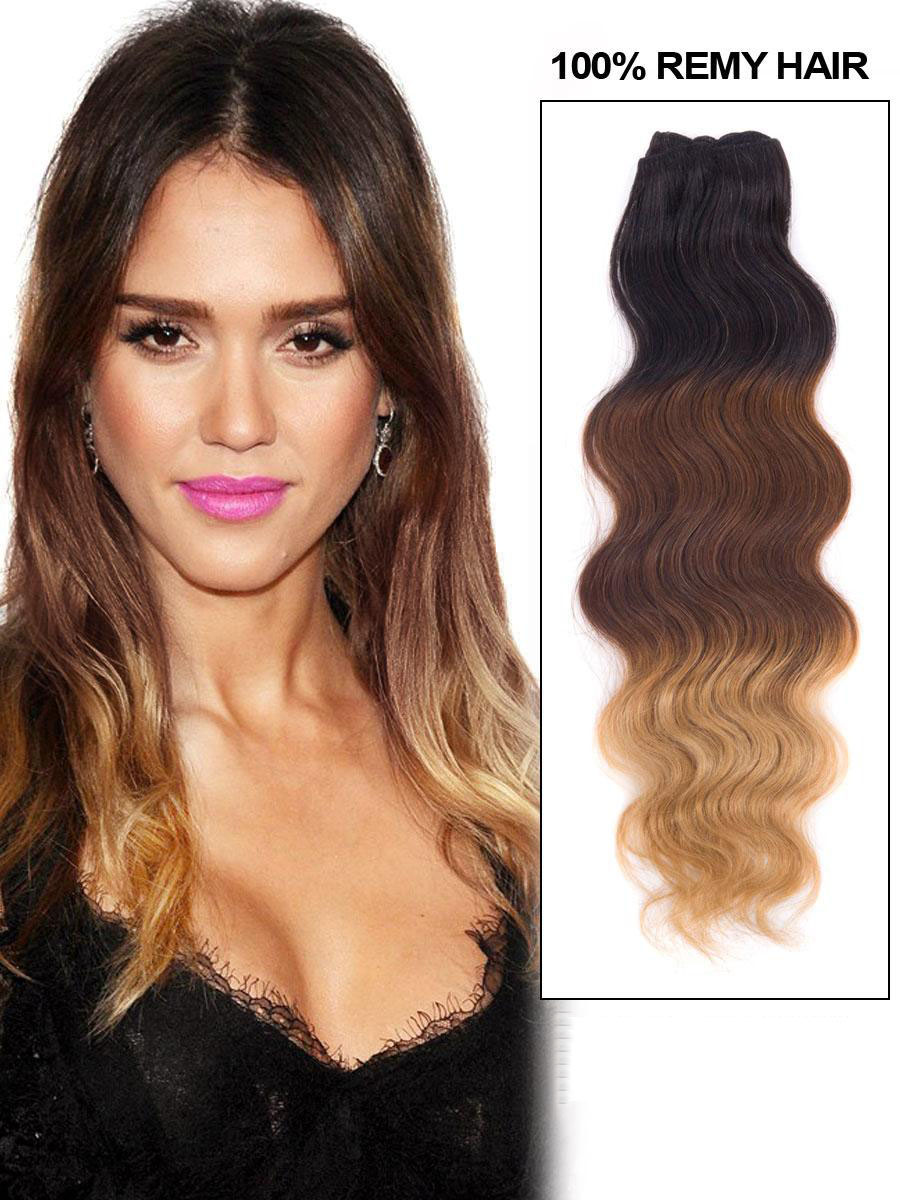 20 Inch Blonde-Brown-Black Ombre Clip In Remy Human Hair Extensions Body  Wave 9pcs