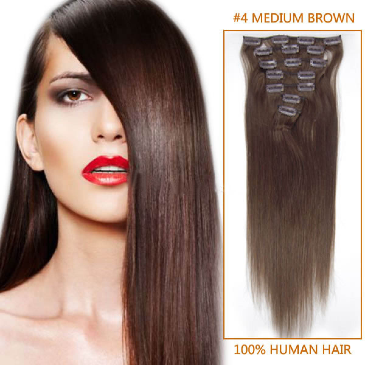 22 Inch #4 Medium Brown Clip In Remy Human Hair Extensions 7pcs