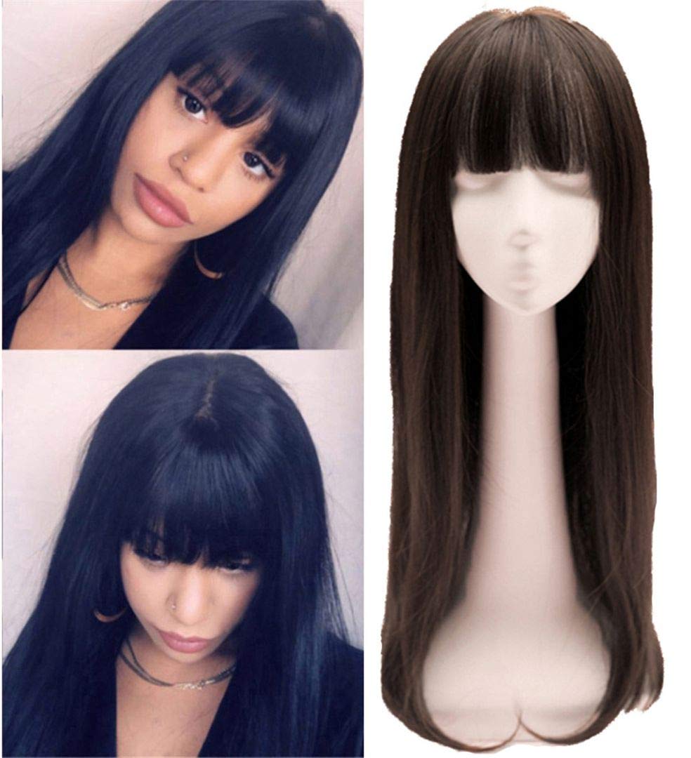 25.6" Long Straight Hair Crown Topper Hairpieces with Bangs Clip in