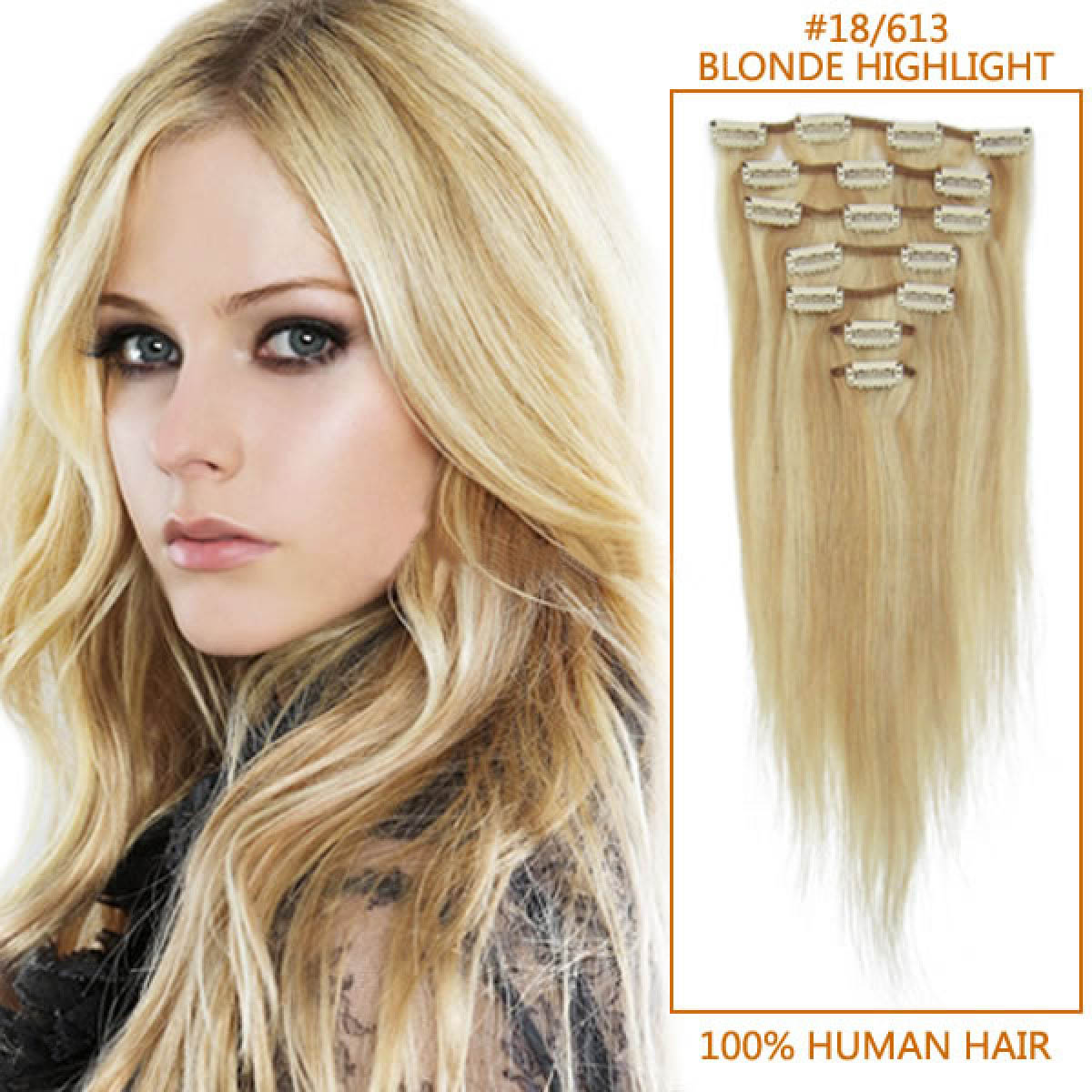 26 Inch #18/613 Blonde Highlight Clip In Human Hair Extensions 8pcs
