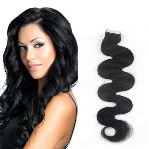 28 Inch #1 Jet Black Long Tape In Hair Extensions Body Wave 20 Pcs