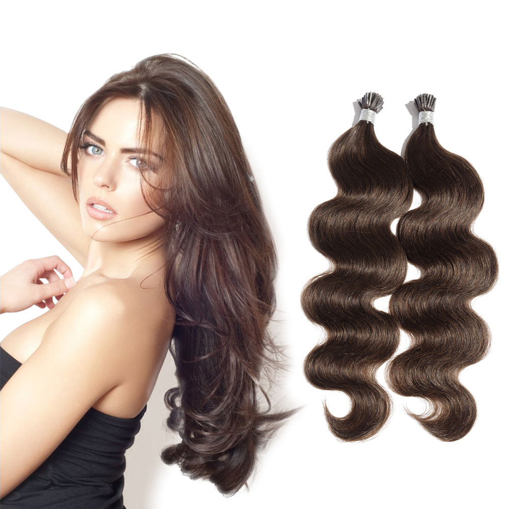 6 - 30 Inch #4 Medium Brown Stick I Tip Body Wave Real Human Hair Extensions 100S 