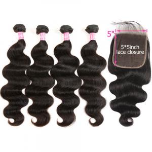 Body Wave Hair 4 Bundles With 5x5 Lace Closure Pre-plucked With Baby Hair