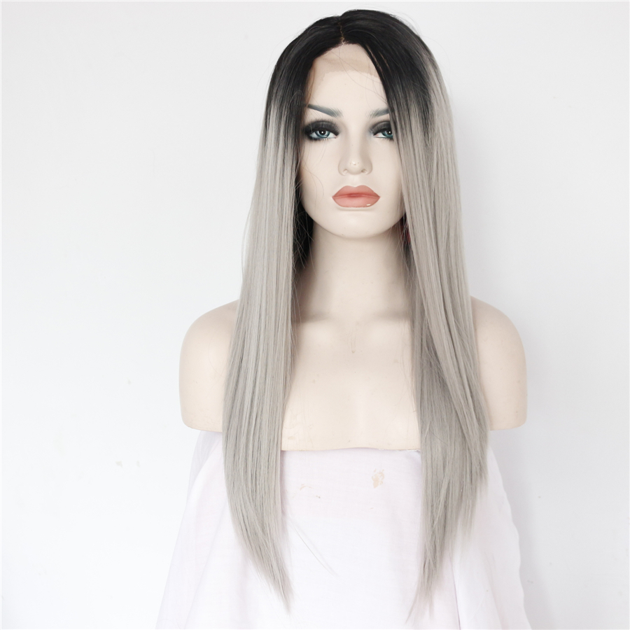 Dark Boots Ombre Grey Silver Long Straight Synthetic Hair Lace Front Wigs
