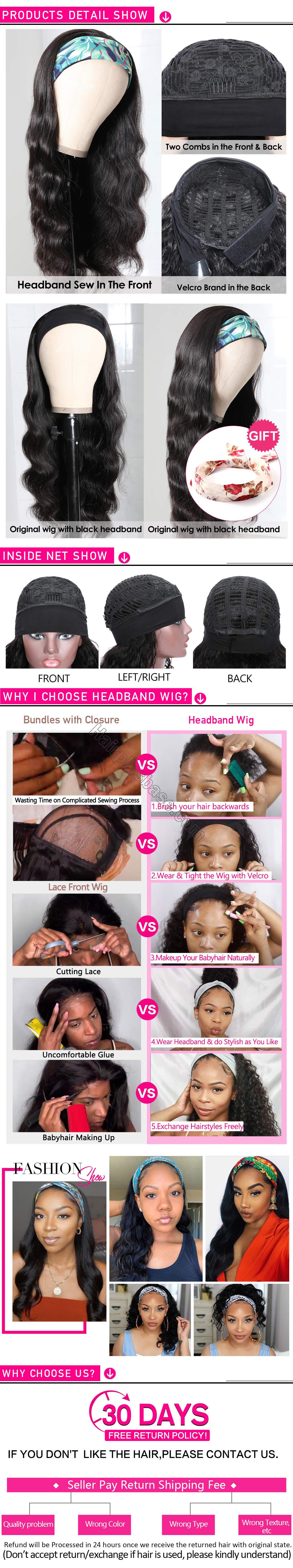 Body Wave Scarf Wigs 100% Virgin Human Hair Headband Wig No Glue & No Sew
