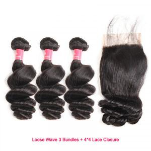 Loose Wave Human Hair 3 Bundles with 4×4 Lace Closures