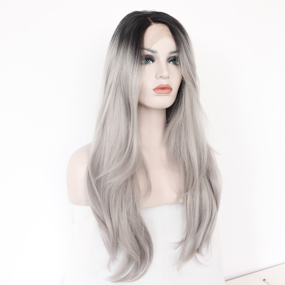 Two Tones Ombre Lace Front Wig with Black to Gray Gradient Heat Resistant Hair 1