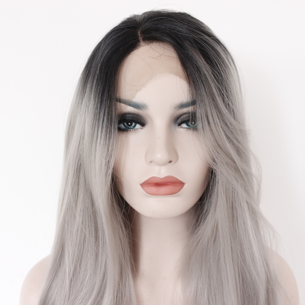 Two Tones Ombre Lace Front Wig with Black to Gray Gradient Heat Resistant Hair 3