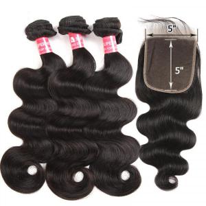 Virgin Body Wave Human Hair Weave 3 Bundles With 5x5 Inch Lace Closure