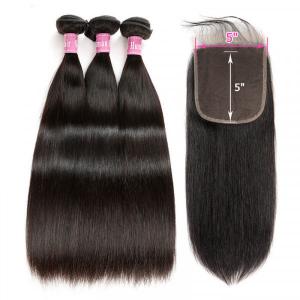 Virgin Straight Hair 3 Bundles With 5x5 inch Lace Closure Unprocessed Human Hair