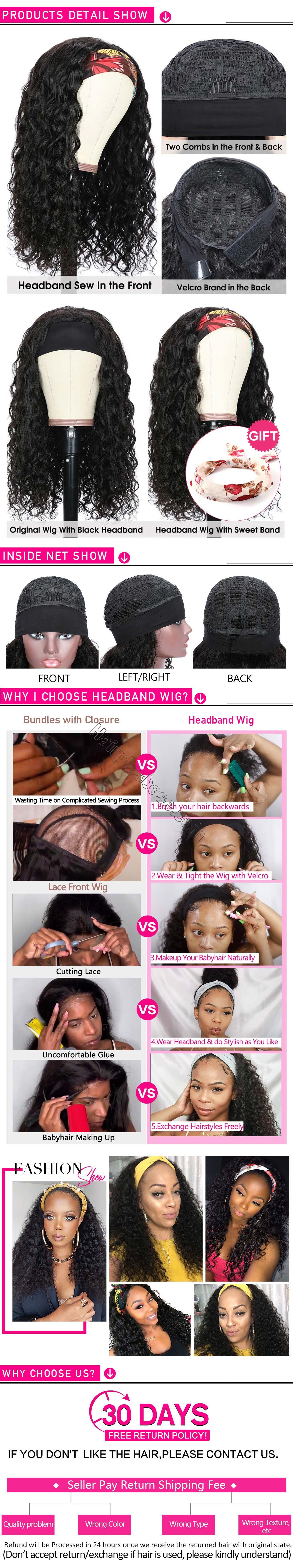 Water Wave Headband Wig Human Hair Wigs With Pre-attached Scarf Natural Color