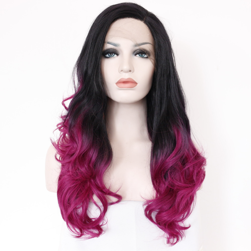 Wavy Black To Wine Red Ombre Synthetic Lace Front Wig