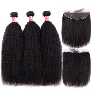 Yaki Straight Hair With Nice Curl 3 Weaves With 13x4 Lace Frontal Virgin Hair