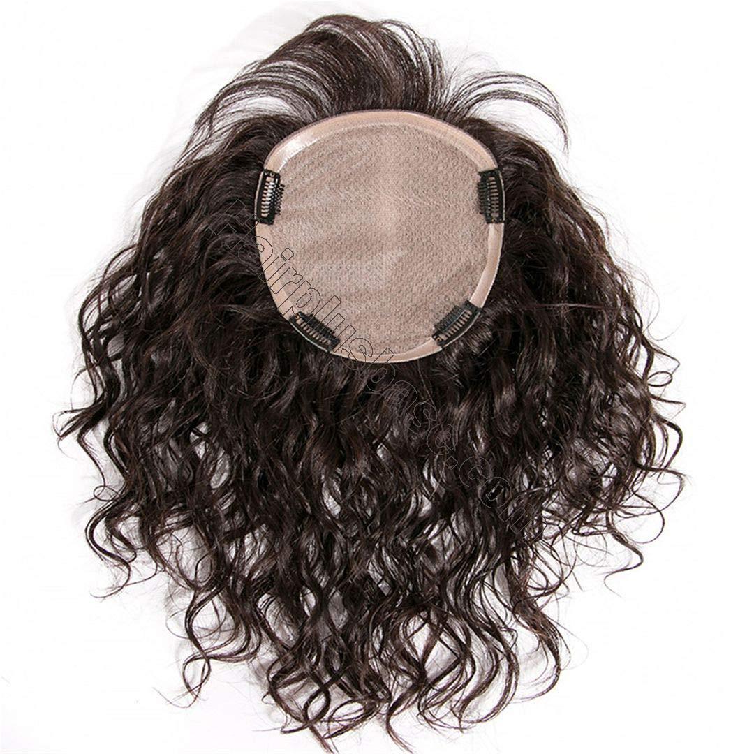 Curly Human Hair Topper Hairpiece with Bangs for Women, Silk Base Crown